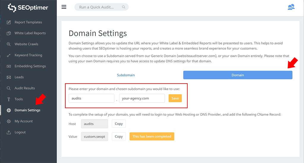 White label domain settings